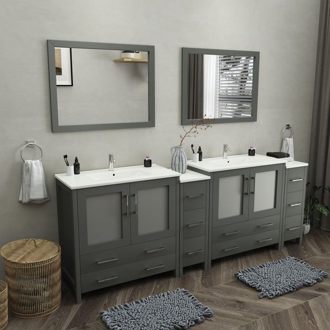 Vanity Art - London 96" Double Sink Bathroom Vanity Set with Sink and Mirrors - 2 Side Cabinets