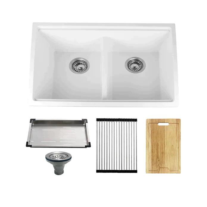 Kodaen 32" Workstation Undermount 50/50 Double Bowl Kitchen Sink With Strainer UNG1515 - Hbdepot